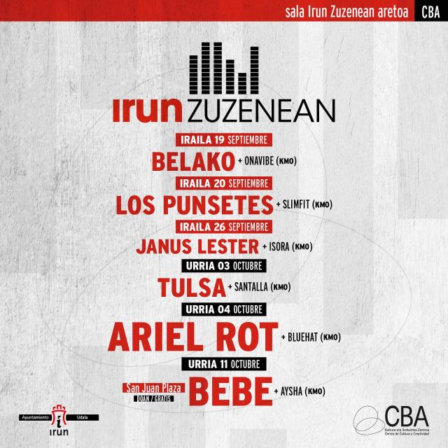 Nuevo formato de 🎶Irun Zuzenean 🎶 a modo de ciclo en la nueva sala del CBA y con una programación increíble ‼️

🎟️Entradas ya a la venta para todos los shows en 👉🏼www.irun.org

@irun_informa