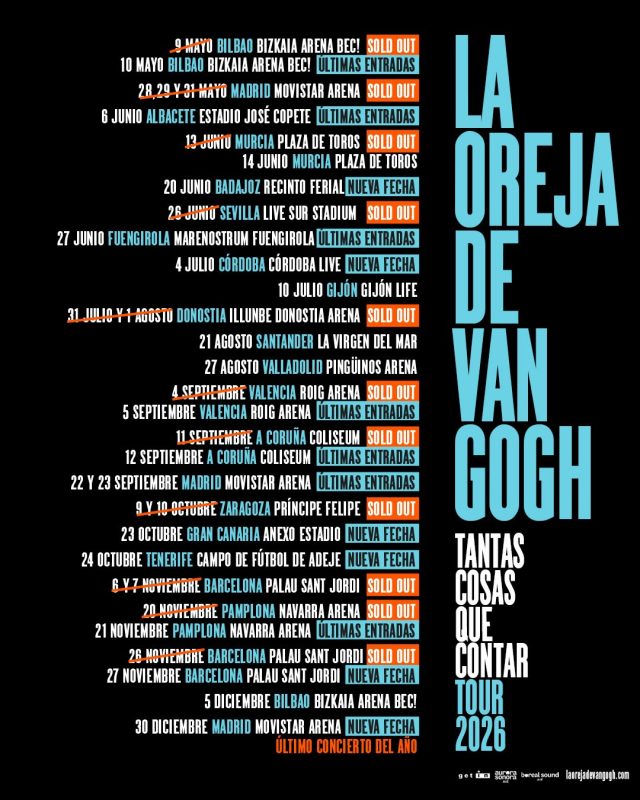 📢📢¡Buenísimas noticias!

🔥LA OREJA DE VAN GOGH anuncia seis nuevas fechas🔥

La gira “Tantas cosas que contar” incluye conciertos en Badajoz, Córdoba, Gran Canaria y Tenerife y nuevas fechas en Barcelona y Madrid🎶

Entradas a la venta el lunes 15 de diciembre a las 12:00h en 👉🏼laorejadevangogh.com

@laorejadevangogh 
#TantasCosasQueContar